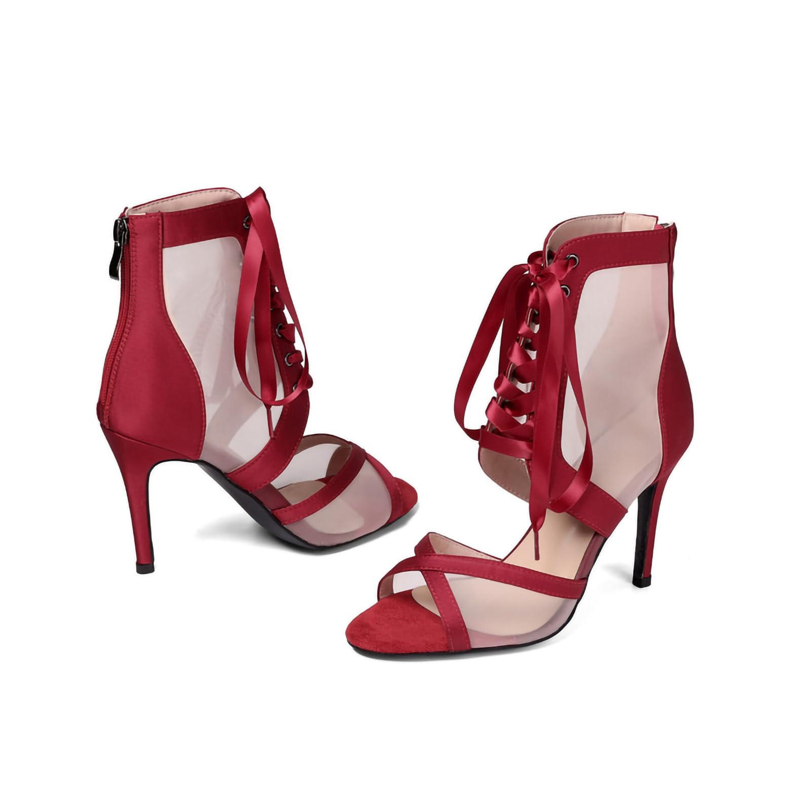 SWDZM Stivali da Ballo Latino Donna Raso Rete Lacci a Nastro | Tomaia in ecopelle morbida ed elastica con punta aperta,pratica cerniera posteriore,suola in pelle scamosciata,tacco da 6 cm