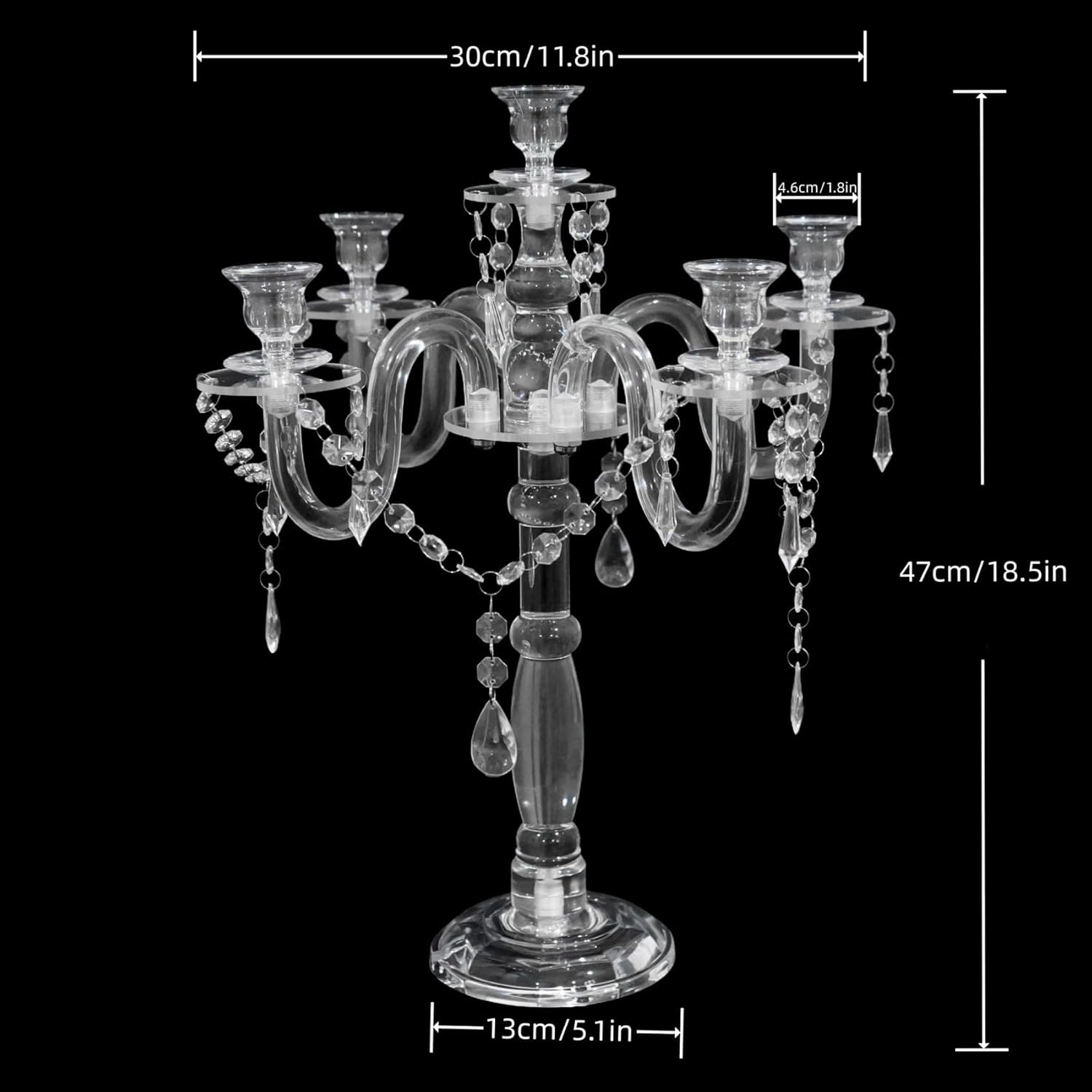 Acrylic Candelabra Centerpieces for Tables, 18.5in Tall 5 Arm Acrylic Candle Holder for Taper LED Candles, Clear Candlestick Holder for Wedding Chandelier Centerpiece Decor Party Event Reception