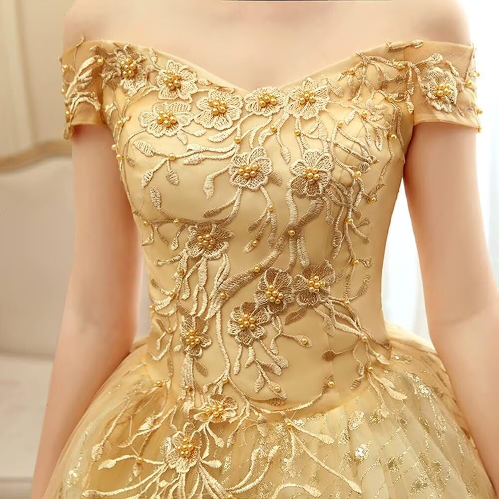 Vestido largo de quinceañera para mujer, con hombros descubiertos, de tul, vestido de noche con apliques de encaje