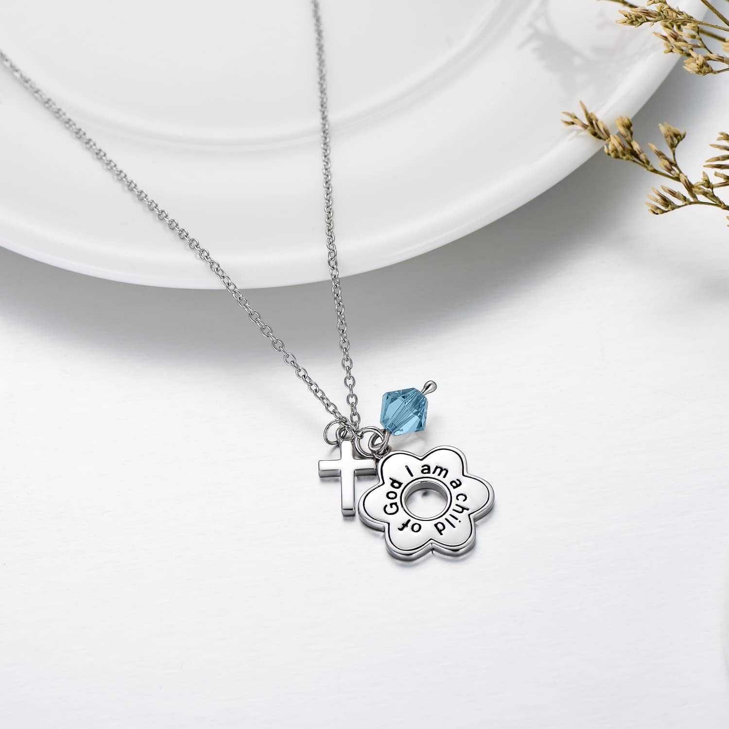 AOBOCO 925 Sterling Silver I Am a Child of God Daisy Necklace Jewelry Birthday Birthday Baptism Communion Gifts for Girls
