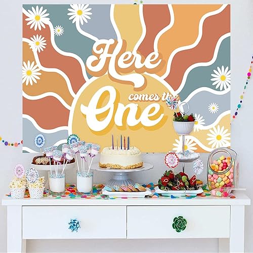 Miniatura 3 de Mocsicka Fondo de sol para primer cumpleaños con texto en inglés "Here Comes The One", retro, bohemio, decoración de fiesta de primer cumpleaños,