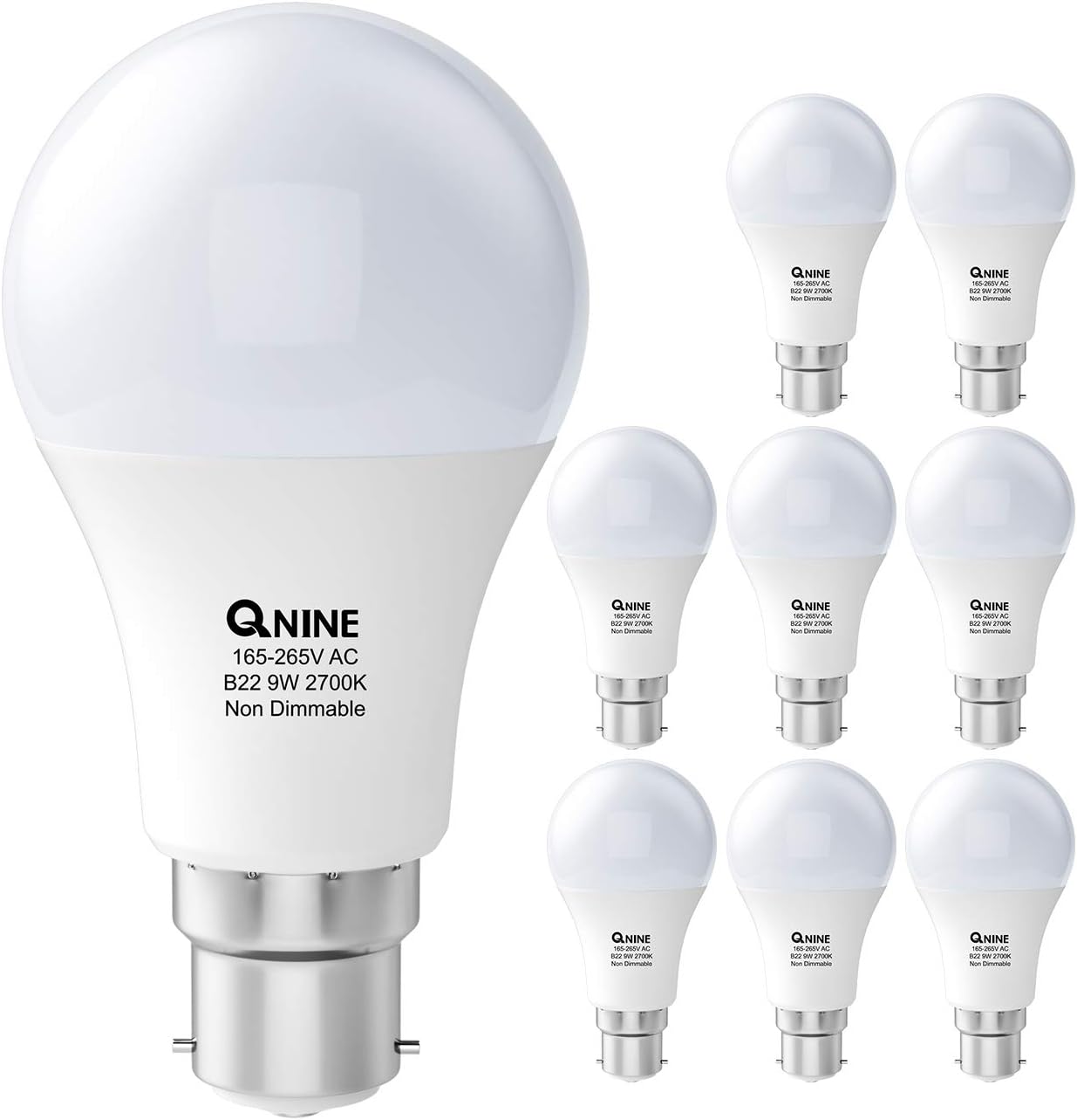 QNINE 8 Pack Warm White Bayonet Light Bulbs, 9W (60W Equivalent), 806lm, 2700K, B22 LED Bulb, Lightbulbs Bayonette Energy Saving, Non-Dimmable [Energy Class F]