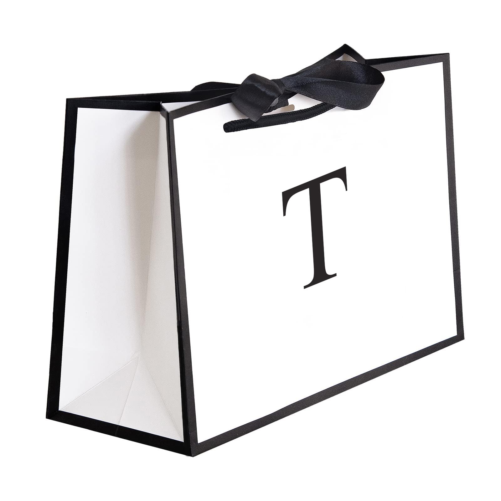 QLSKO Initial Gift Bag with Bow Ribbon Personalized Horizontal Paper Bag Monogrammed Birthday Gifts for Women Men (T-Small)