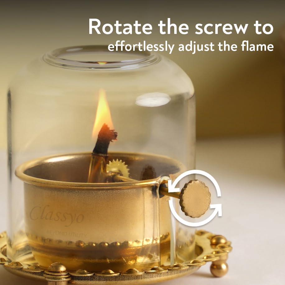 Image of Classyo Brass Akhand Diya with Adjustable Bati, with Screw Lever for Puja, Borosilicate Glass (4 inch, 180 ml Oil Capacity)