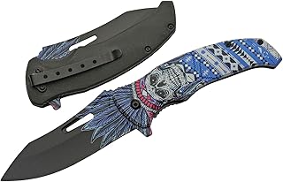 SZCO Supplies 300575-BL Feather Skull Liner Lock Edc Folding Knife with Pocket Clip, Blue, 8.5" Length - SZCO Supplies