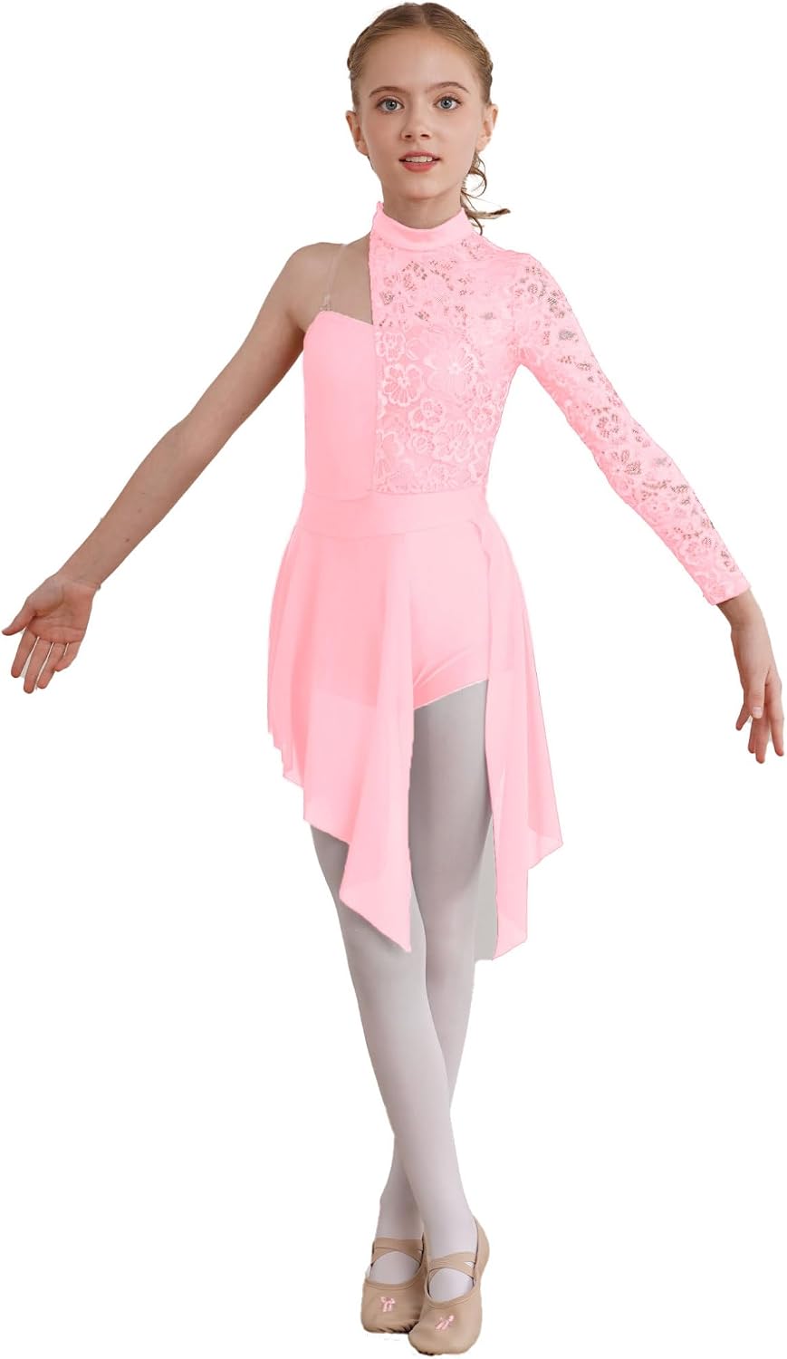Girls Kids Floral Lace Bodice Figure Ice Skating Dress Long Sleeve Tutu Skirt Leotard Dresses