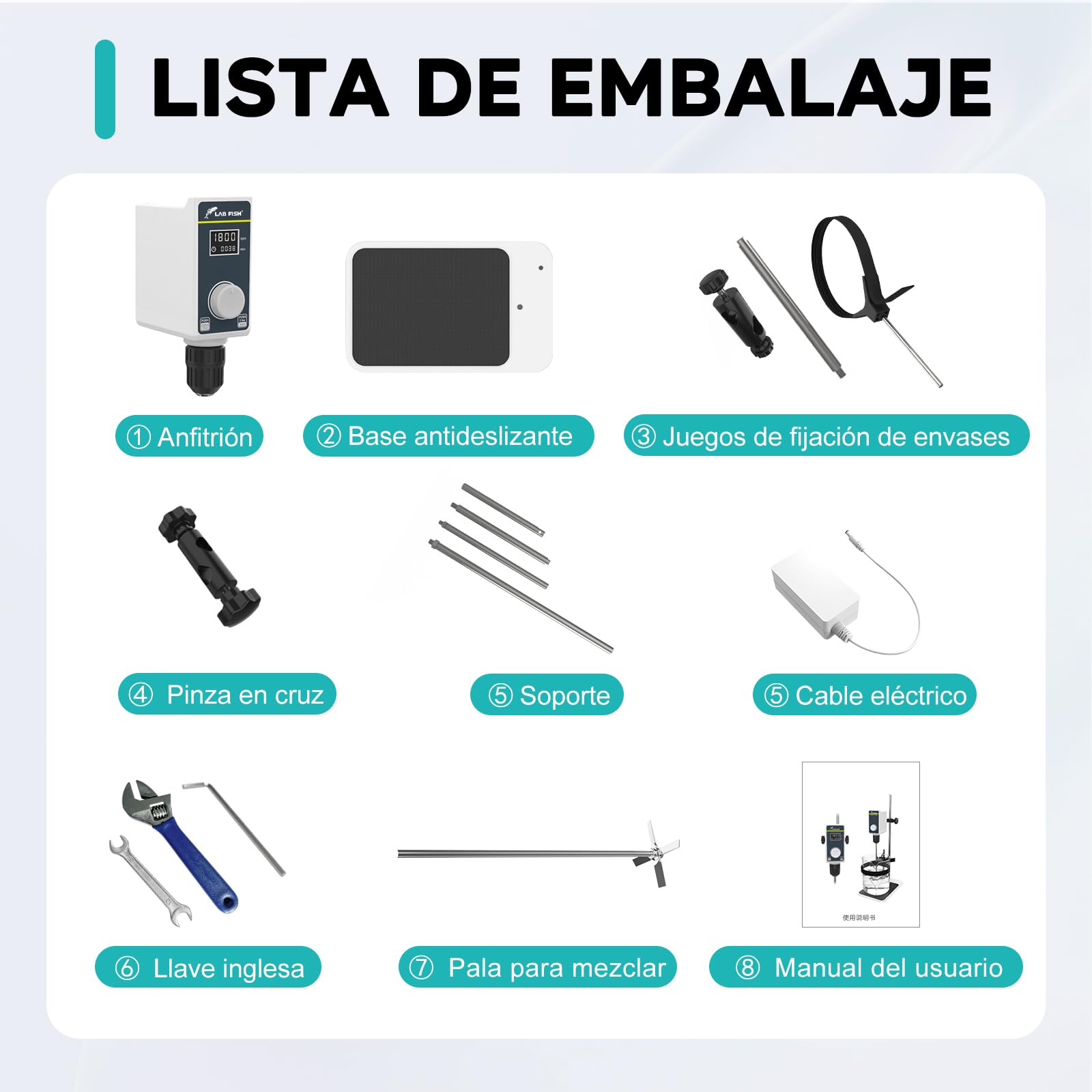 LAB FISH Agitador de Sobremesa Overhead Stirrer, Mezclador de Laboratorio con Paleta y Soporte Acero Inox, Velocidad Ajustable 100-1500 RPM, Temporizador 1min-24h, 20L