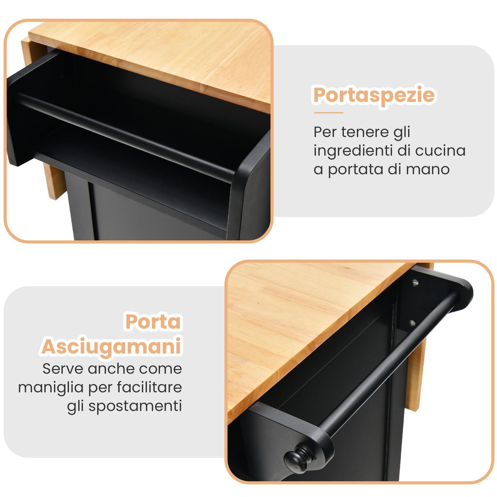 GYMAX Carrello da Cucina, con 2 Armadietti, 1 Cassetto, 1 Scomparto e 1 Portabottiglie, Tavolo Isola per Servizio con 4 Ruote, Portaspezie e Portasciugamani, 130 x 74 x 90 cm (Nero)