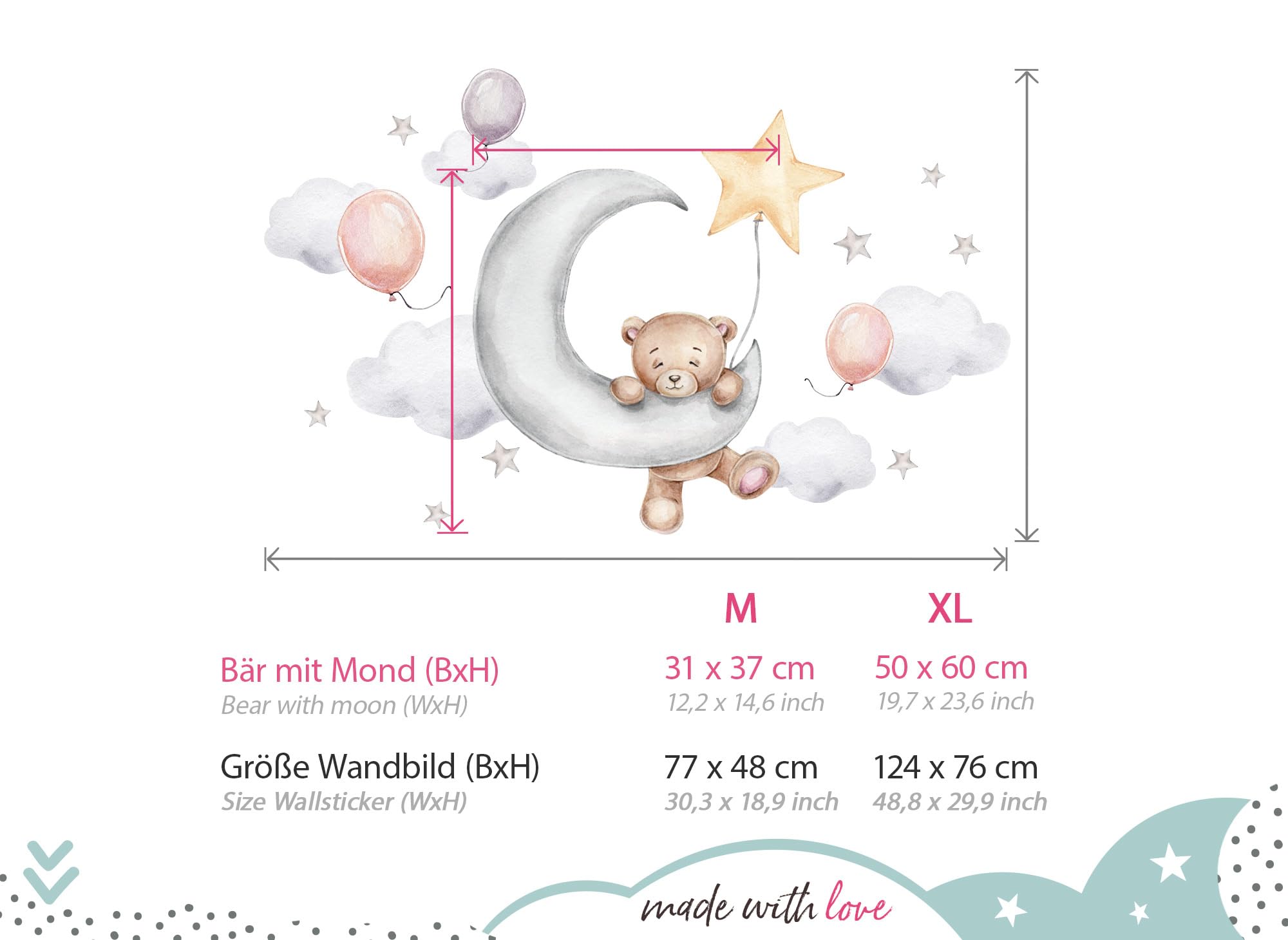 Little Deco Naklejka na ścianę niedźwiedź na księżycu z balonami tatuaż ścienny do pokoju niemowlęcego miś gwiazdy naklejka ścienna do pokoju dziecięcego dekoracja DL829-4