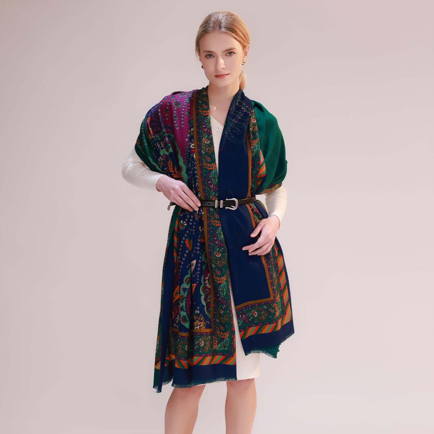 DANA XU Double-Sided Reversible 100% Merino Wool Pashmina Shawl and Wraps for Women Extra Large Soft for Dresses and Travel - Image 4