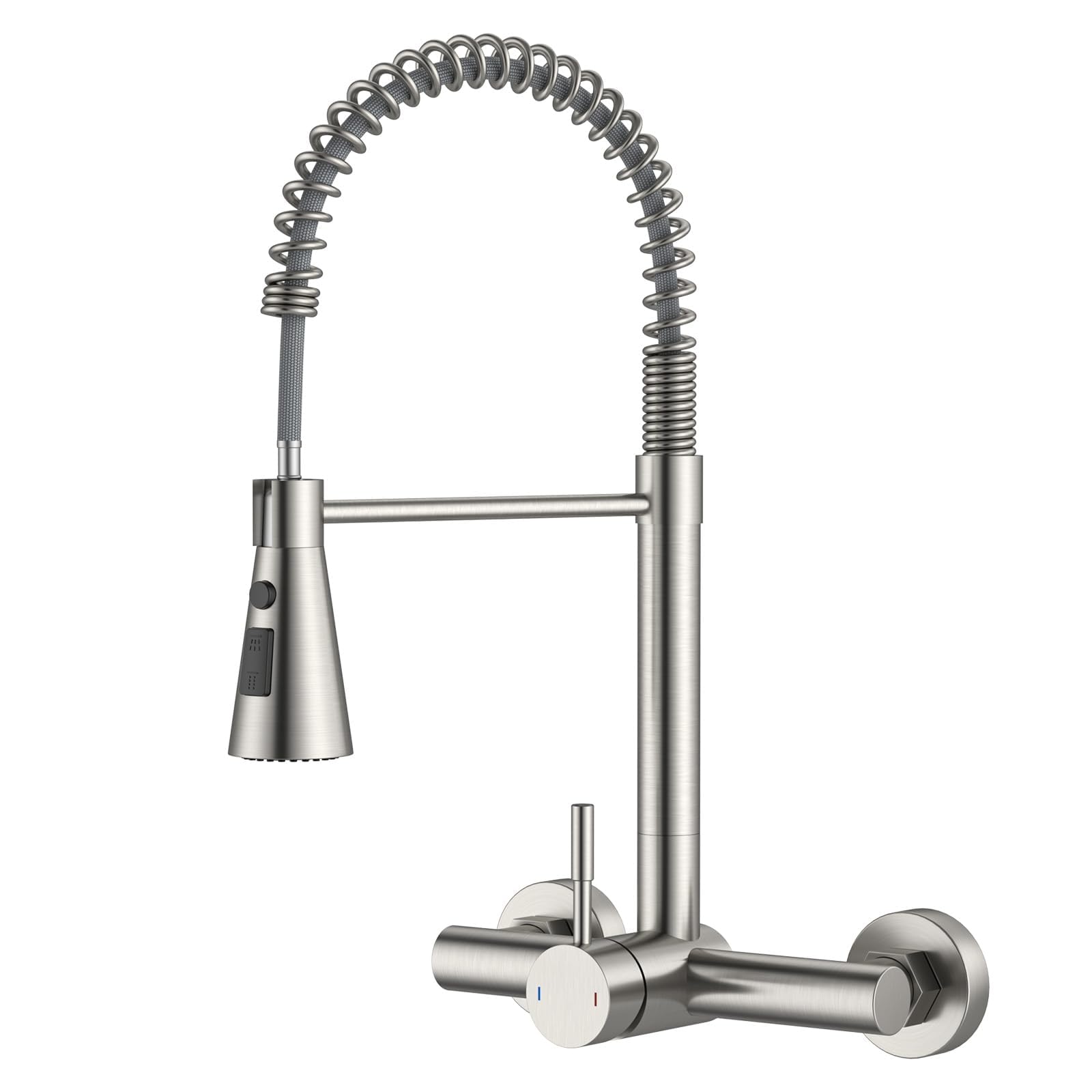 DAYONE Rubinetto da cucina a parete con doccetta abbassabile, miscelatore ad alta pressione in acciaio inox con 3 tipi di getto, girevole a 360°, per montaggio a parete (distanza tra fori 15 cm