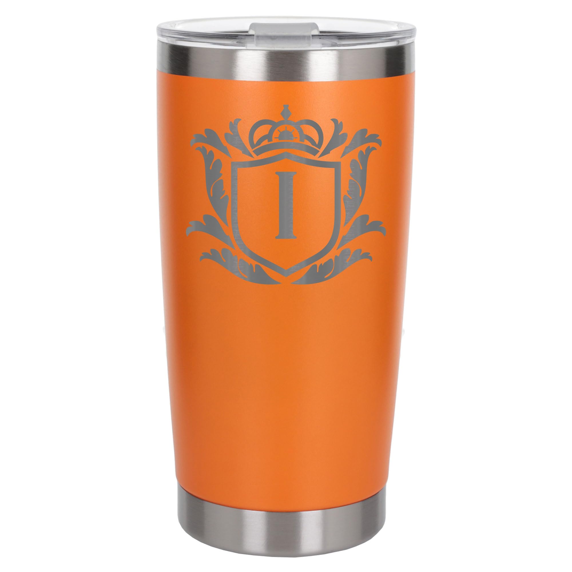 Customised Gifts 500ml Engraved Shield Initial Monogram Insulated Personalised Orange Travel Mug for Men and Women - Personalised Initial Coffee Travel Mug for Hot and Cold Beverages, Letter I