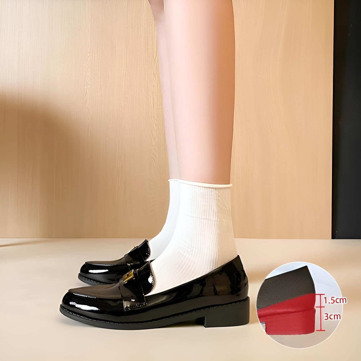 [Yizibuur] メタルバックルローファー 鏡面レザー/1cm薄底で姿勢矯正 ビジネス&amp;カジュアル両用 弾力襟口で3秒着