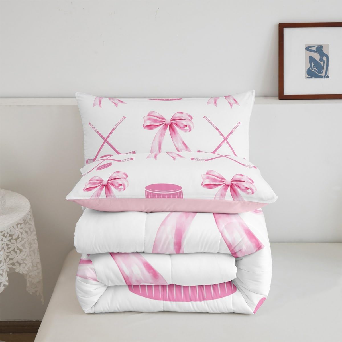 Pink Ice Hockey Queen Bedding Set for Kids,Kawaii Sport Girls Comforter Bed Set Teens Women Bedroom Decor,Dreamy Prncess Bowknot Quilt Set 3 PCS,Sport Bow Themed Duvet Insert,2 Pillow Cases