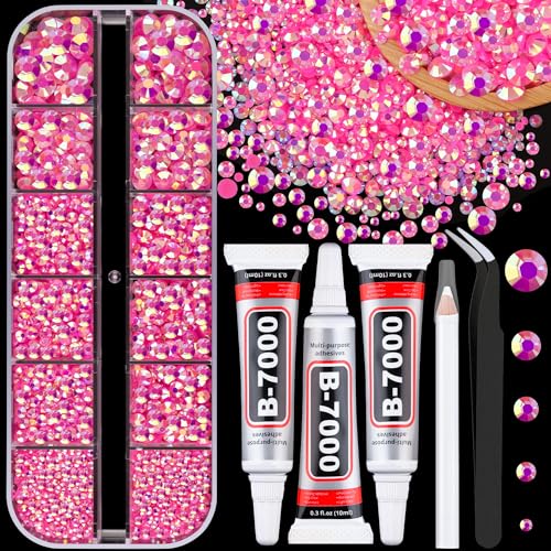Image of Resin Jelly Rhinestones for Crafting with B7000 Jewelry Glue, 1 Box Hot Pink AB Flatback Crystal with 3Pcs 10ml Glue, Bedazzling Non Hotfix Gems for DIY Tumblers Clothing Shoes Manicure