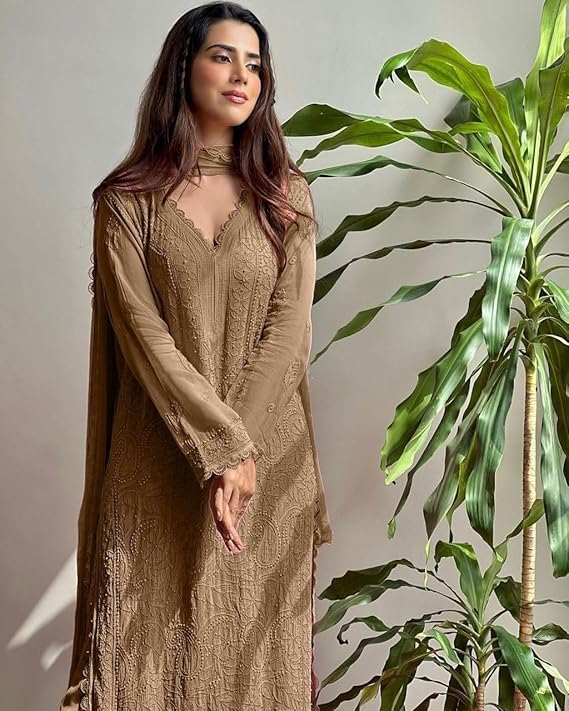 Image of Women's Chikankari Embroidered 3 Piece Suit Set in Faux Georgette - Long Gown Style Kurta with Lining with Dupatta