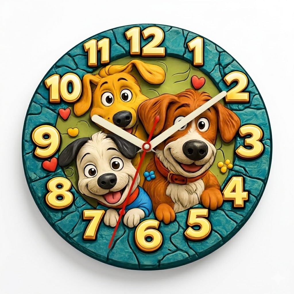 Cute Cartoon Dogs Wall Clock 12 Inch | Kids Room Dog Theme Wall Clock | Silent Sweep Non Ticking | 6mm Pine MDF Decorative Clock-picture-26