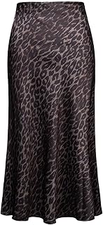 Soowalaoo Womens Leopard Print Skirt Midi Long Length Silk Satin High Waist Elastic Skirts