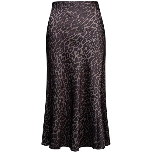 Womens Leopard Print Skirt Midi Long Length Silk Satin High Waist Elastic Skirts