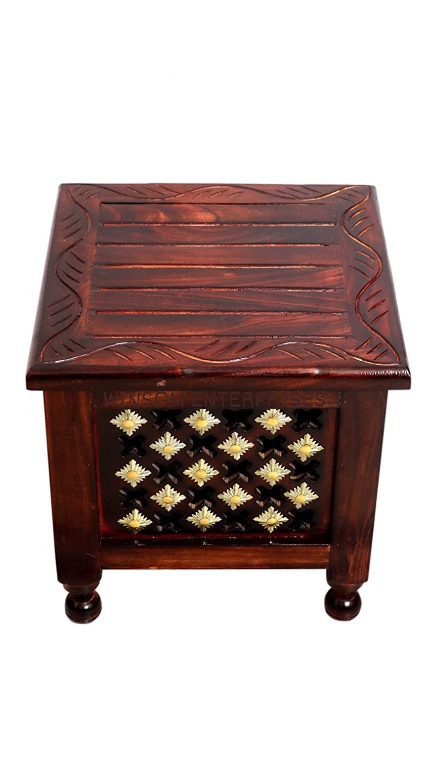Antique Wooden Stool with Brass Cutting Design Storage Stool for Living Room and Bedroom Furniture (Brown,12 X 12 X 12 Inches)