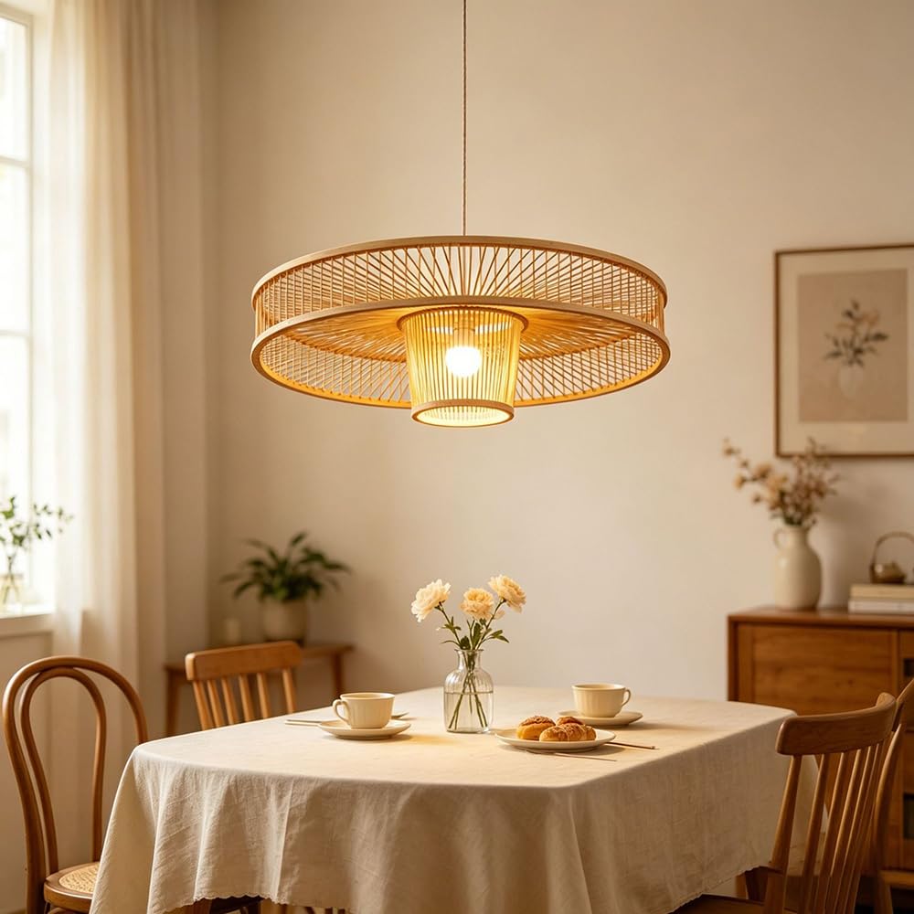 XQIDIANAA Hand-Woven Bamboo Pendant Light, Rattan Chandelier Boho Wicker Hanging Lighting Fixture Coastal Pendant Lights for Kitchen Island Dining Room Bedroom Foyer Entrance