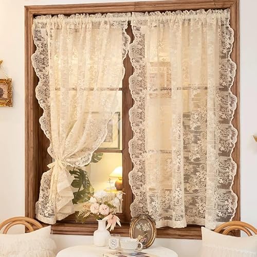 Devola Visillo de encaje vintage – Romántica cortina corta con cenefa de ganchillo, cortina translúcida para cocina y salón, 30 x 130 cm (alto x ancho), color crema, 1 unidad