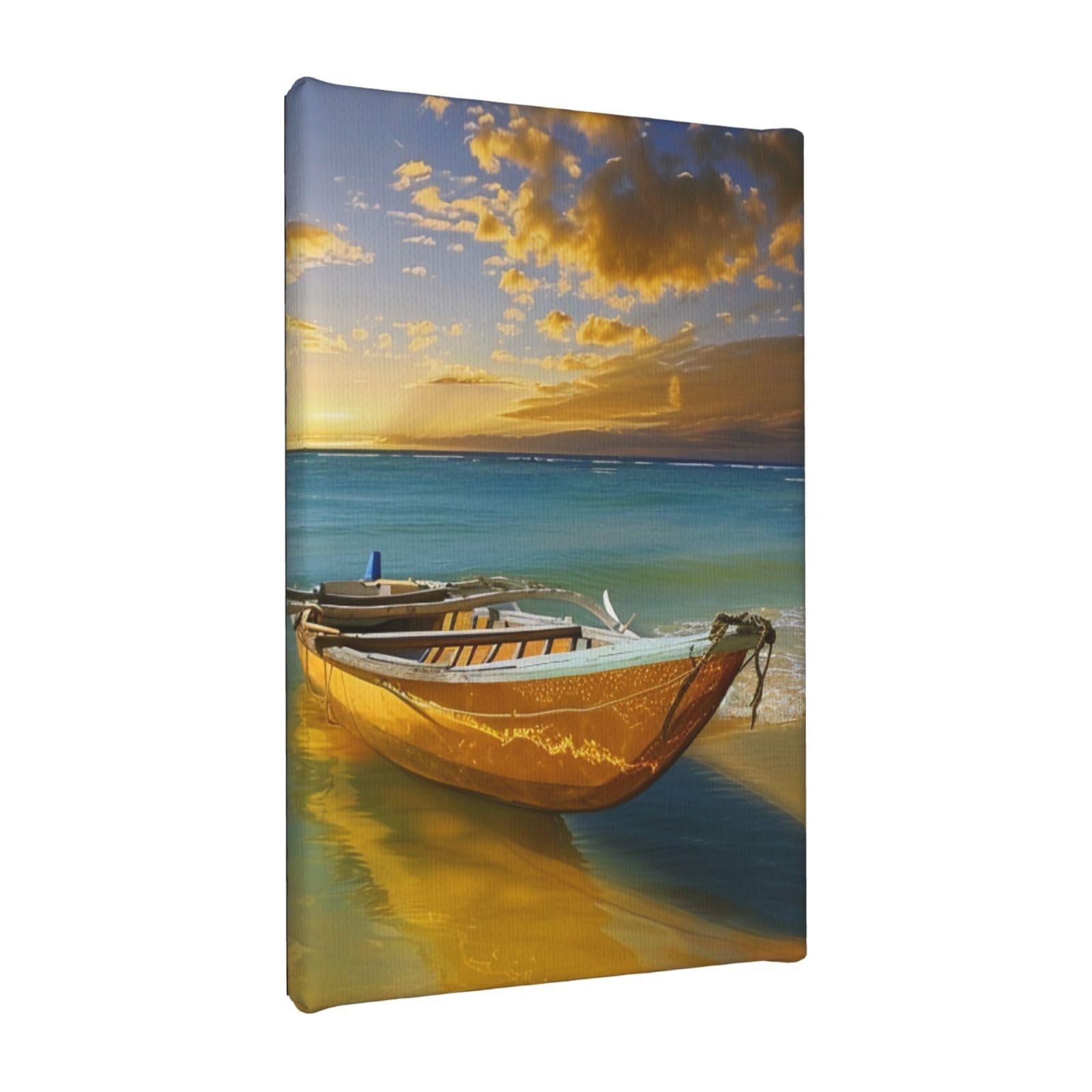 YKLJG Boat Beach Sunrise Time Nautical Printed Wall Art Canvas Painting 20x30 CM Wooden Framed Picture Painting Artwork Prints for Bedroom Kitchen Home Office Decor