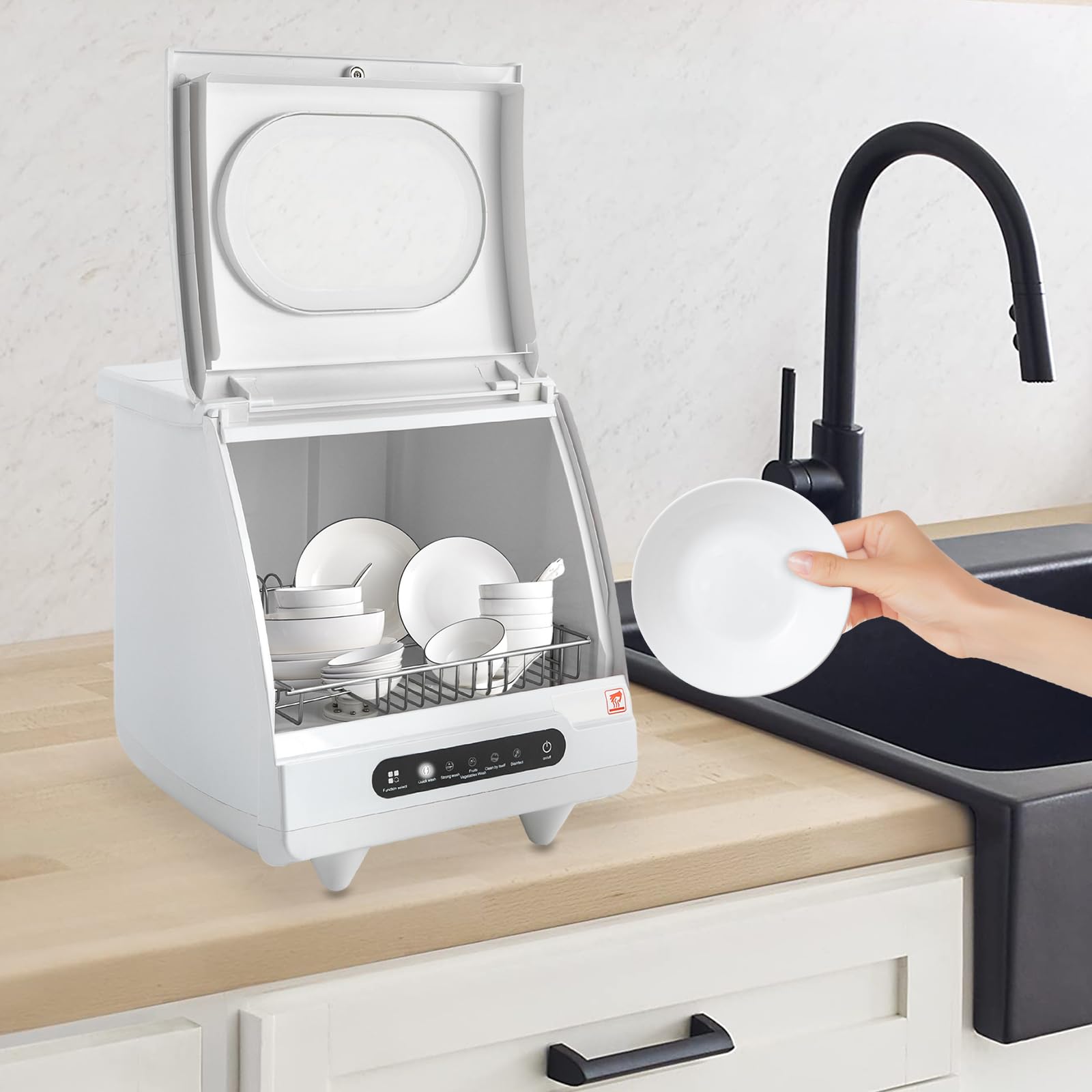 Mini Lavavajillas, Lavavajillas, Mini Lavavajillas, Mesa de Encimera, Portátil, Control Táctil, Dos Modos de Lavado,Adecuado para el Hogar, Oficina, Blanco