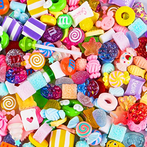 INDRAH 100pcs Cute Fake Candy Resin Charms with Flatback Mixed Assorted Plastic Candy Sweets Gummies Lollipops Resin Flatback Slime Beads Making Supplies for DIY Craft Making and Ornament Scrapbooking