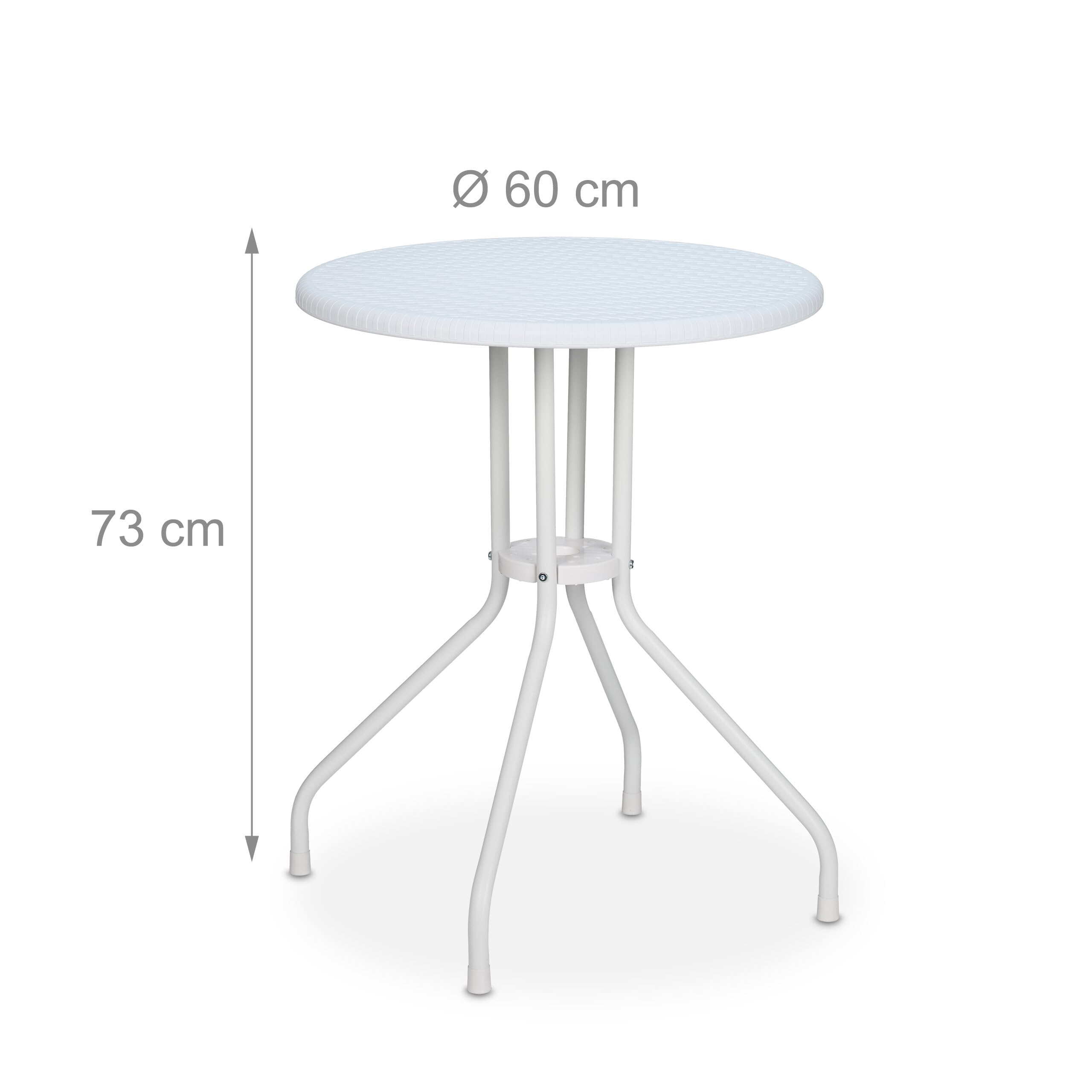 Relaxdays Tavolino da Giardino Rotondo, HxD 73 x 60 cm, Aspetto Rattan, Tavolo in Plastica e Acciaio, da Esterno, Bianco
