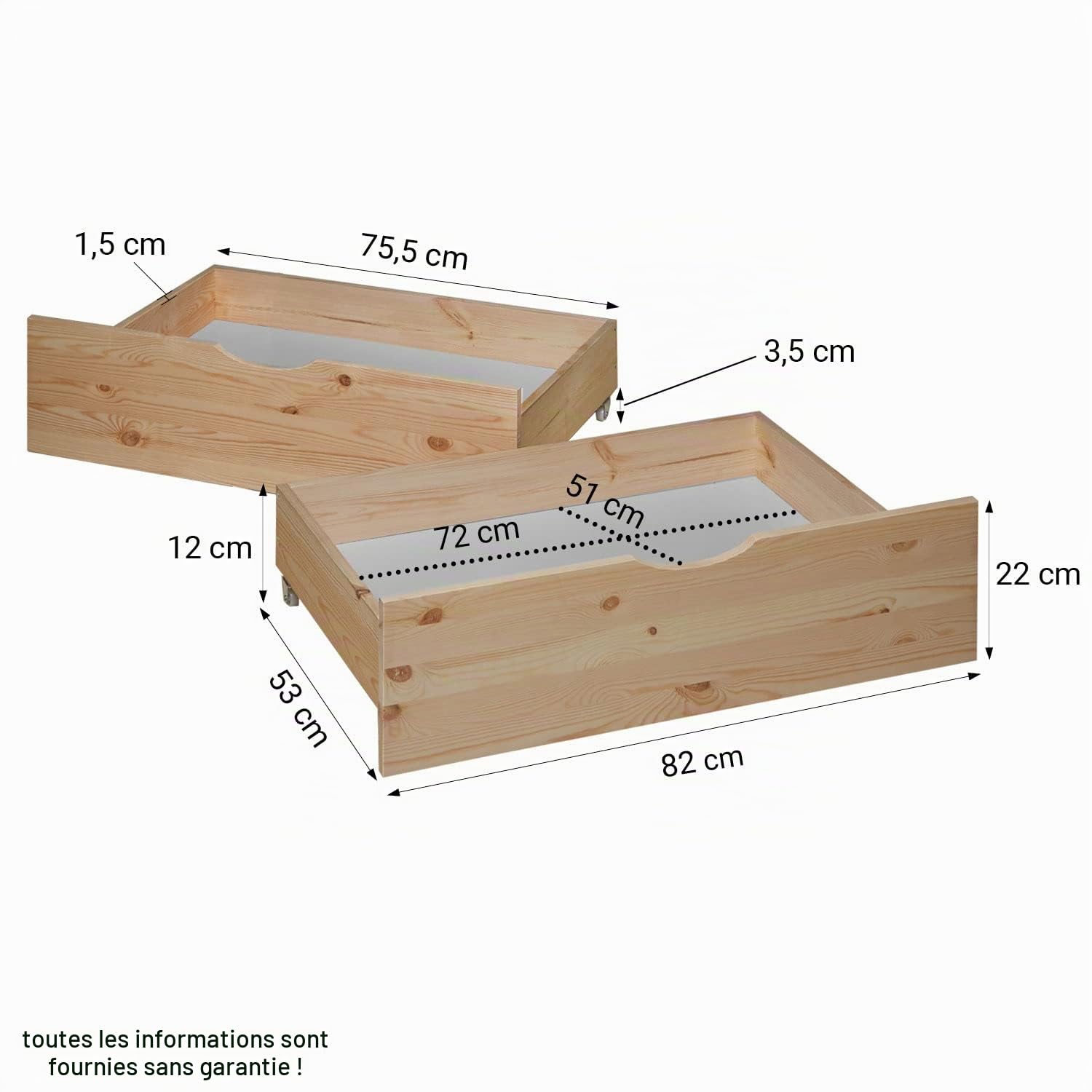Homestyle4u 2 tiroirs de Rangement en Bois à roulettes pour lit gigogne