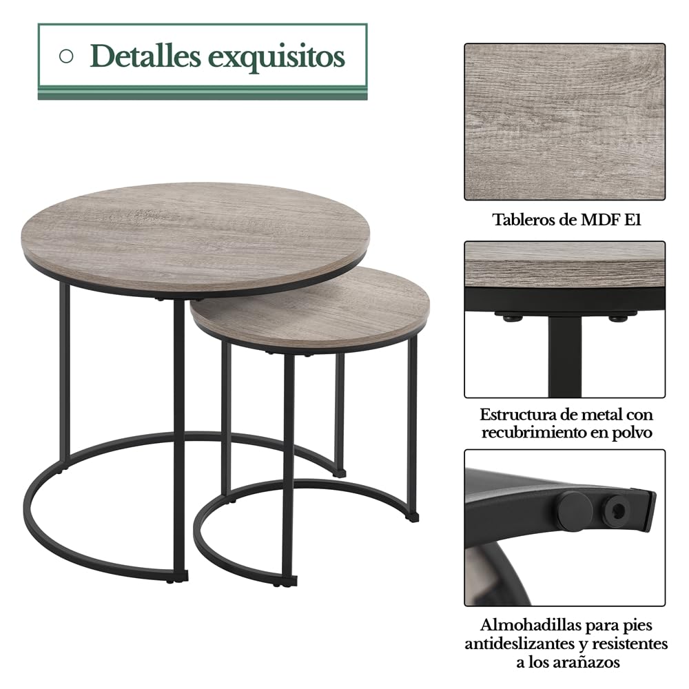 Yaheetech Mesa de Centro Redonda Juego de 2 Mesas Auxiliares Mesas Nido Mesitas de Café Rustica para Salón Mesa Auxiliar 60x60x50,5cm Gris