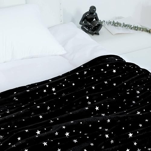 Miniatura 5 de NANPIPER Manta de forro polar, cálida y mullida, tamaño Queen, estampado de estrellas súper suave, 90 x 90 pulgadas, color negro