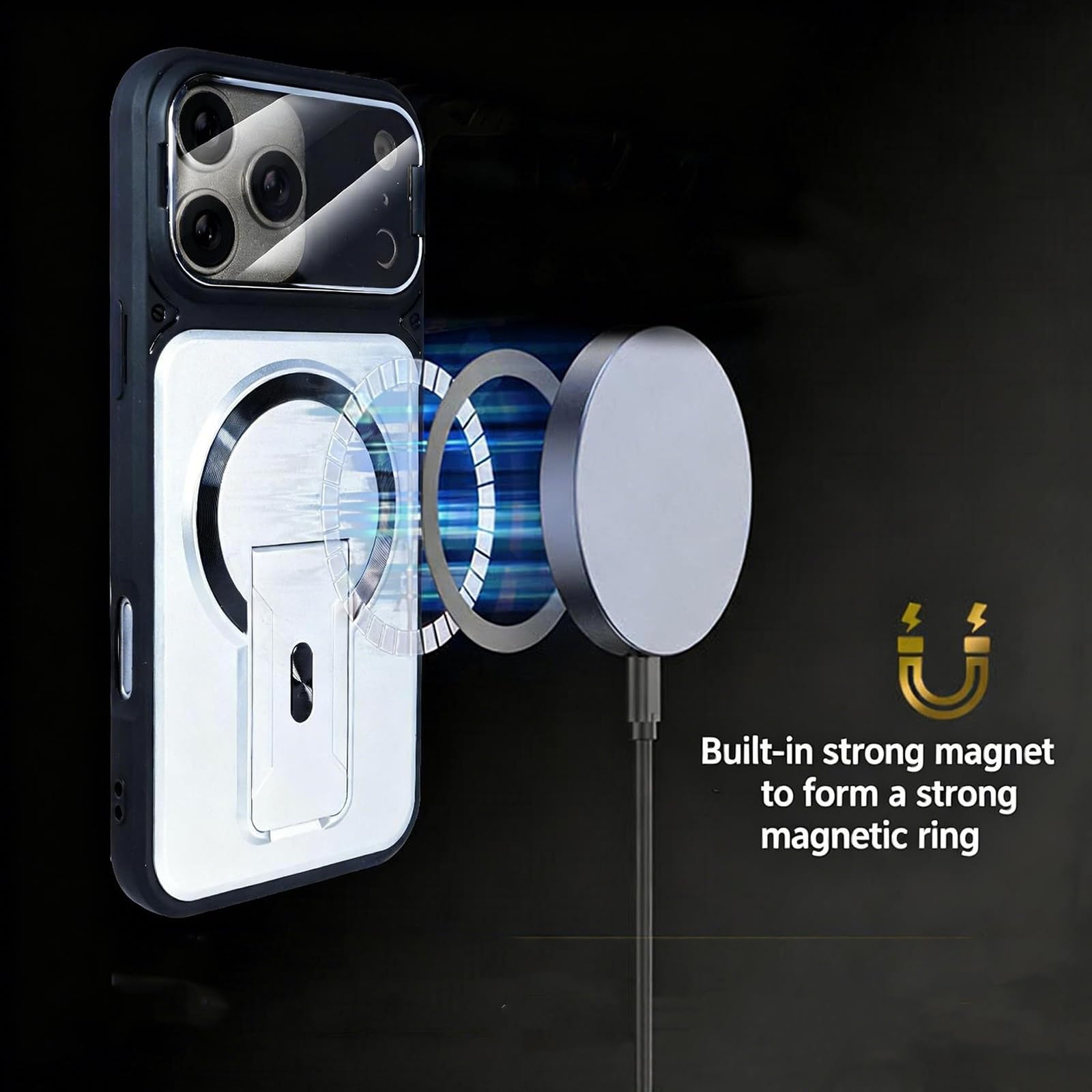 Magnetisch Hülle für iPhone 17 Pro Max/17 Pro/17 Air/17, Gefrostet rutschfeste Schutzhülle mit Faltbare Ständer Kameraschutz Handyhülle,Schwarz,17 Pro