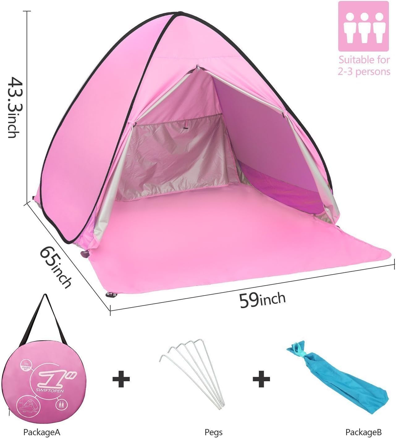 Pop-up Automatique de la Famille des Tentes L'extérieur de la Cabine de Plage Portable Rapide de Pare-Soleil UV 50+ (Rose)