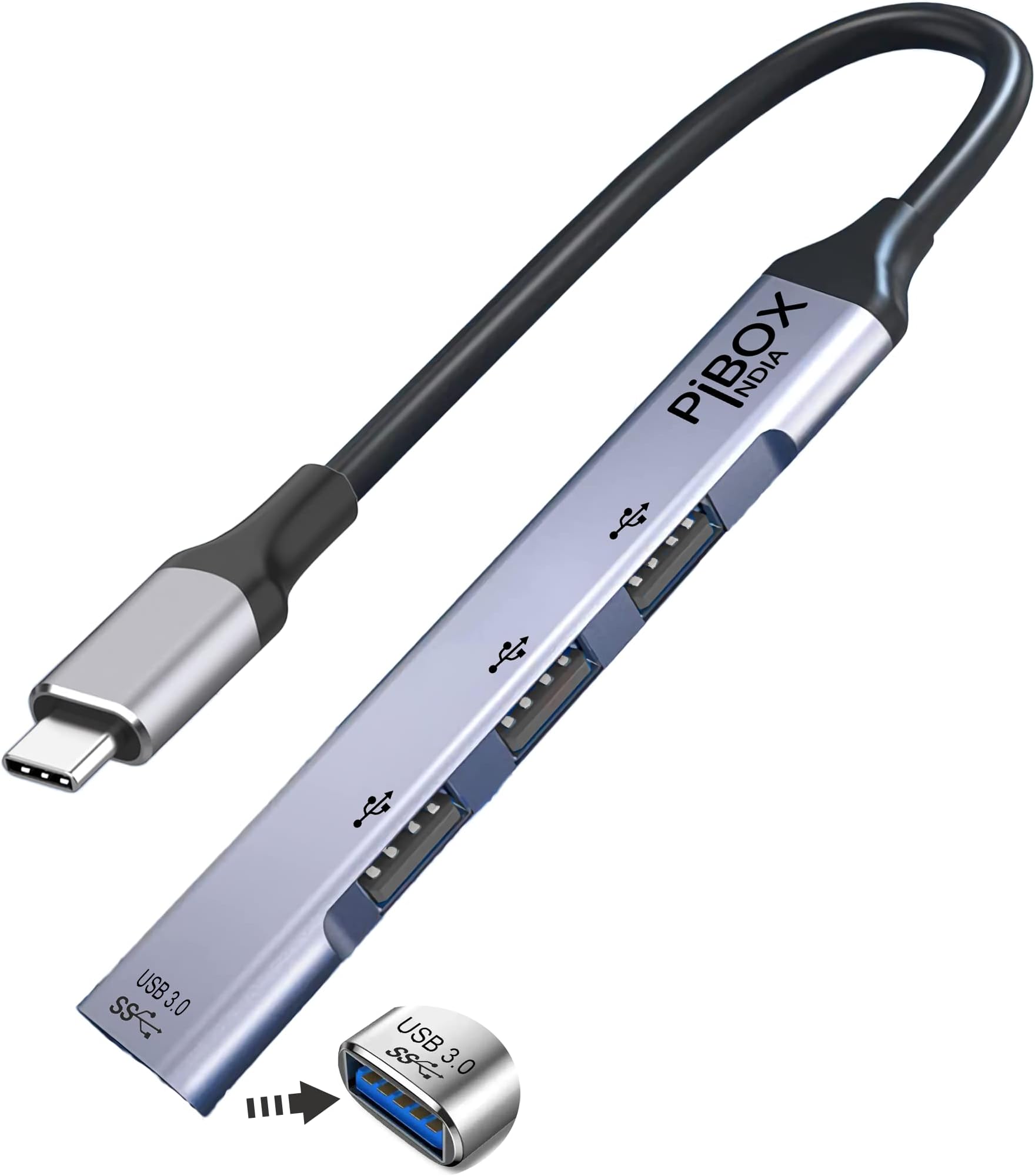 pibox India USB C Hub, India USB C to USB Adapter Multiport, USB C to USB A 4 Port Hub, USB-C to USB Hub 3.0, USB Hub 2.0, for MacBook Pro, iMac 2021, USB Splitter Aluminum Alloy, Color Gray
