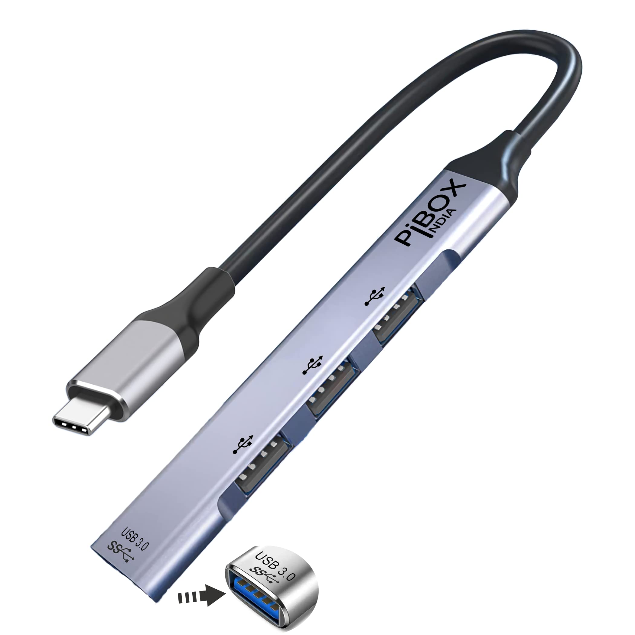 pibox India USB C Hub, India USB C to USB Adapter Multiport, USB C to USB A 4 Port Hub, USB-C to USB Hub 3.0, USB Hub 2.0, for MacBook Pro, iMac 2021, USB Splitter Aluminum Alloy, Color Gray