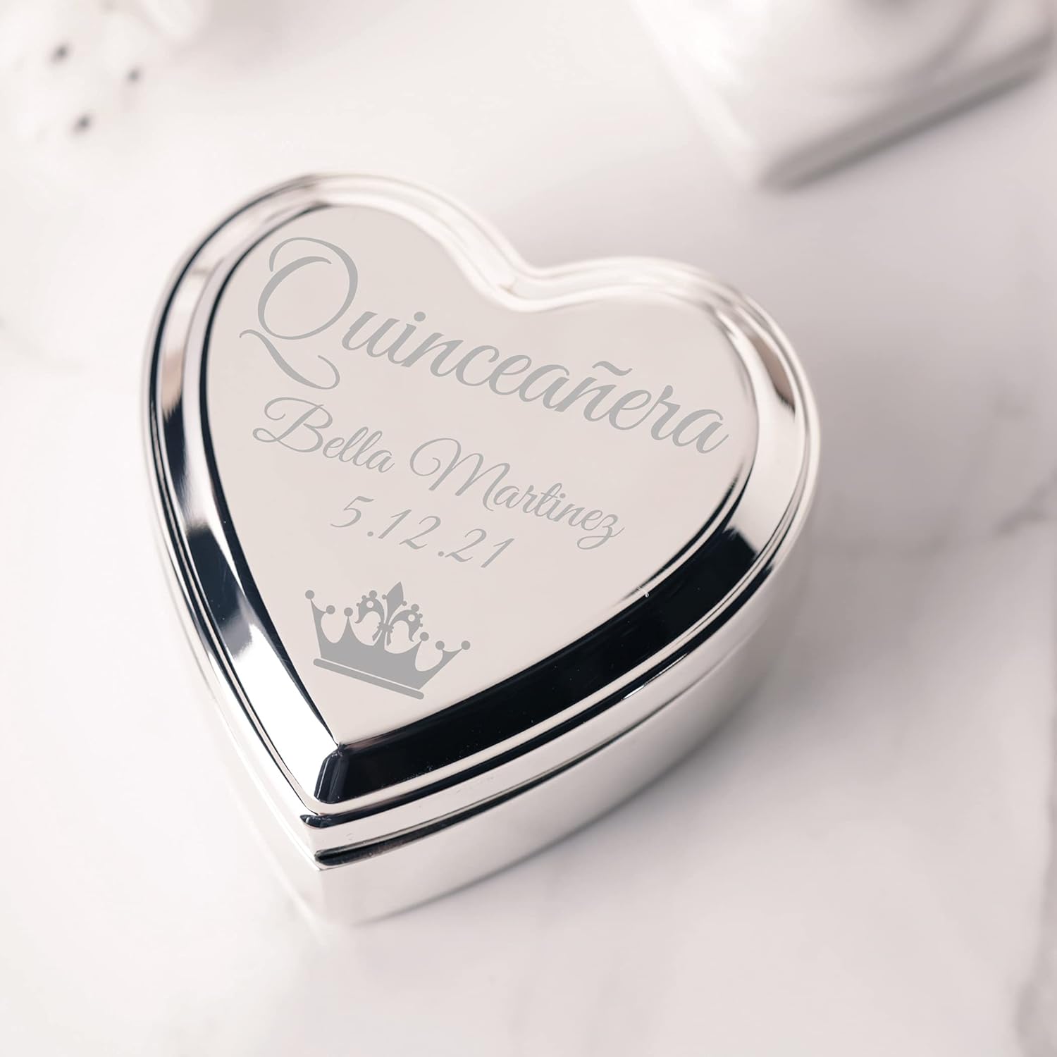 Cherished Moments Personalized Heart Jewelry Keepsake Box with Custom Engraved Message for Quinceanera Gift, Silver Toned - Image 2