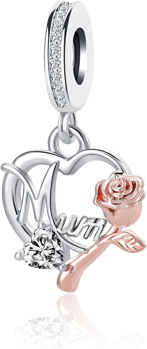 Rose Flower Love Heart Birthday Dangle Charms Compatible with Pandora Bracelets Gift for Mum Nana Wife from Daughter Son Granddaughter