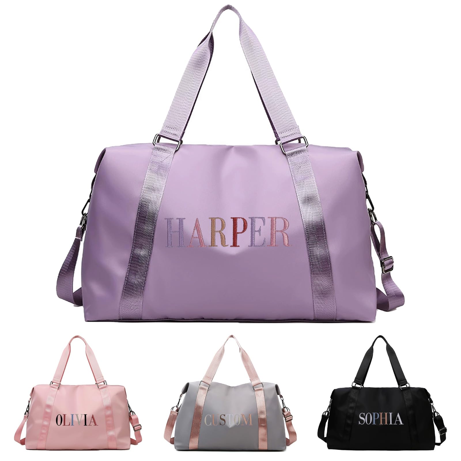 Custom Large Capacity Travel Sport Duffel Bags, Personalized Bag for Women/Girls with Colorful Embroidery Name for Weekender Overnight, Gym Ballet,
