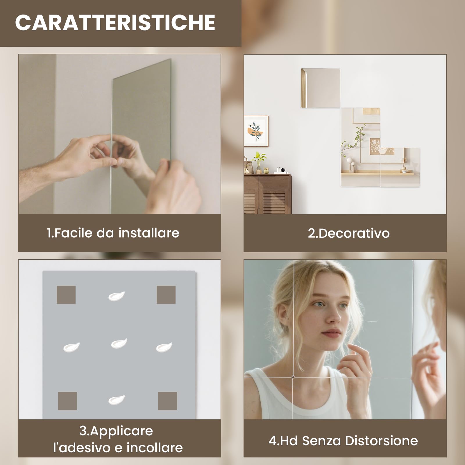 WEER 4 Pezzi Specchi Adesivi da Parete senza Cornice, 35x29cm Vetro Temperato Piastrelle a Specchio Autoadesive per Palestra, Bagno, Camera da Letto & Decorazione Murale Fai da Te