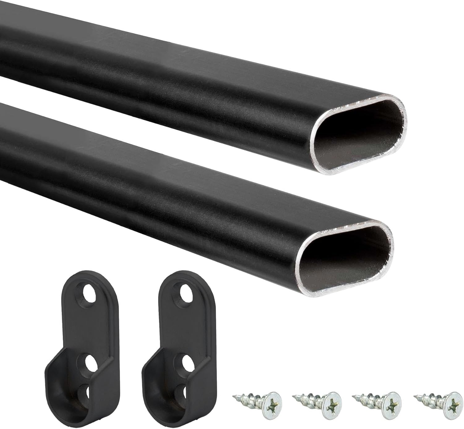 Outwater 48" Black Aluminum Oval Closet Rod Kit – 1-3/16" x 19/32" Profile with Matching Screw Mount Supports and Mounting Screws
