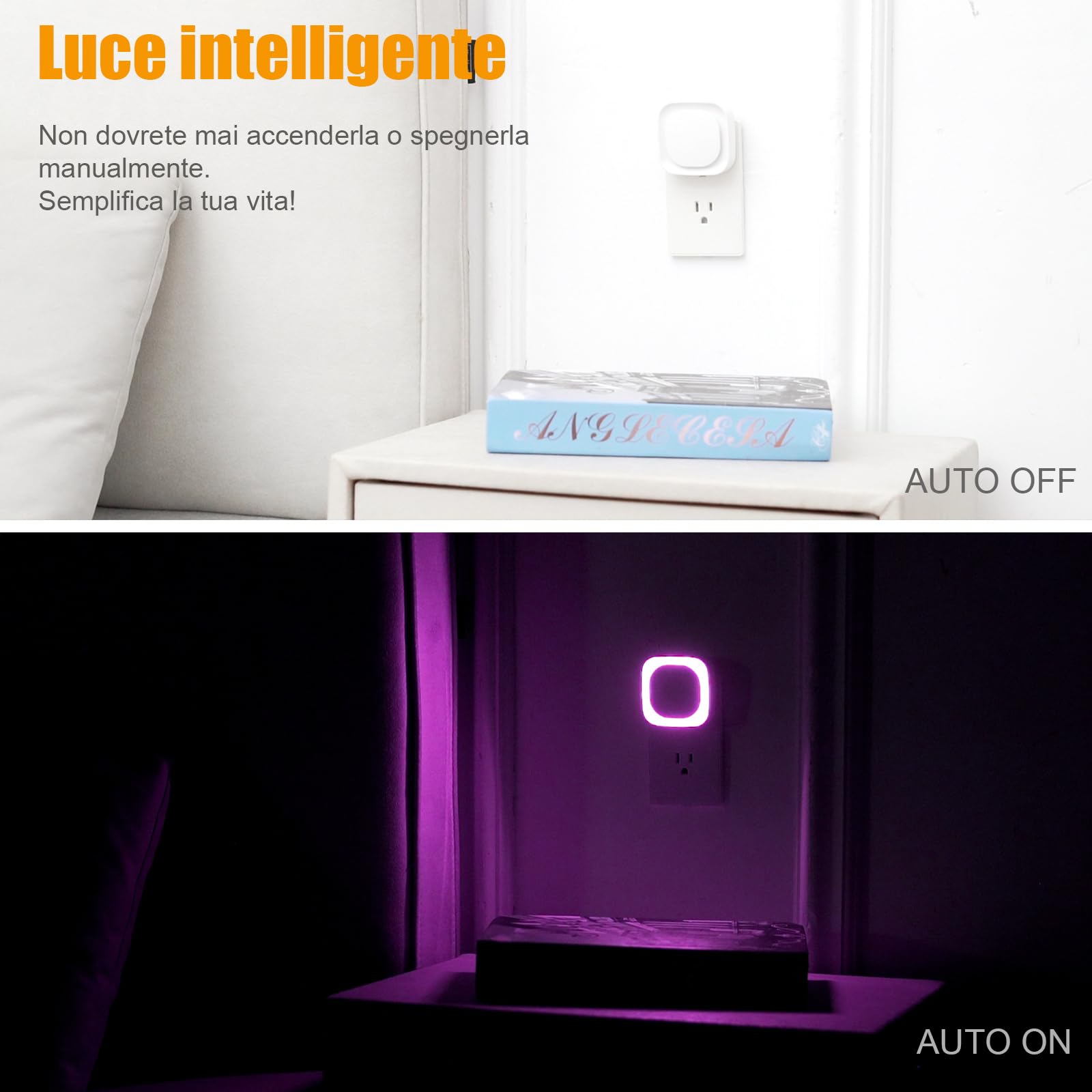 YUNLEX Presa di Luce Notturna con Sensore Crepuscolare, Luce Notturna Bambini 3 livelli di luminosità regolabile per Camera dei Bambini, Bagno, Corridoio, Cucina, Scale (Viola)