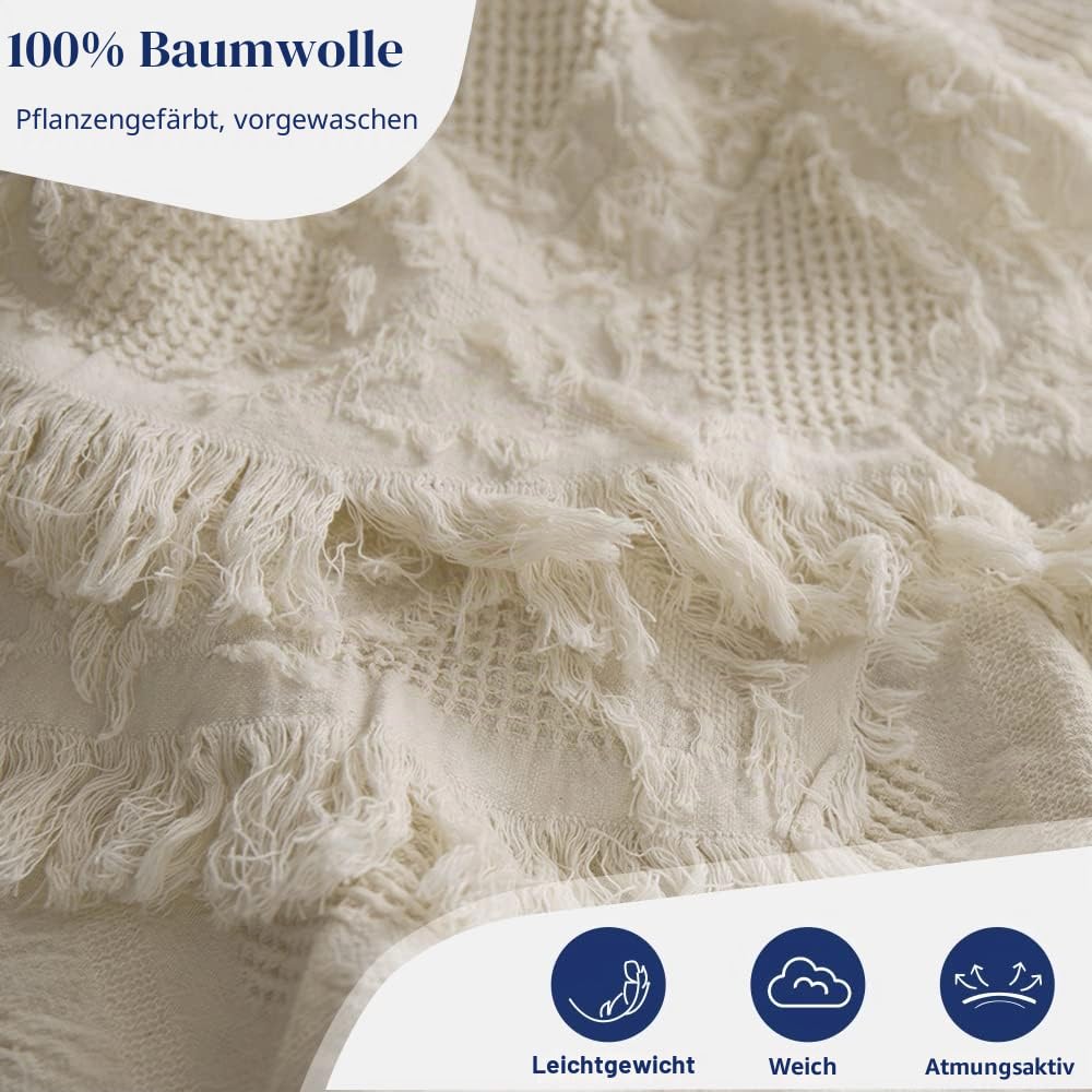 Simple&Opulence Überwurfdecke aus 100% Baumwolle für Bett, Couch, Boho-strukturiert, geometrisch, gestrickt, gewebte Decke mit Quasten, weich, leicht, atmungsaktiv, Shabby-Chic-Stil,