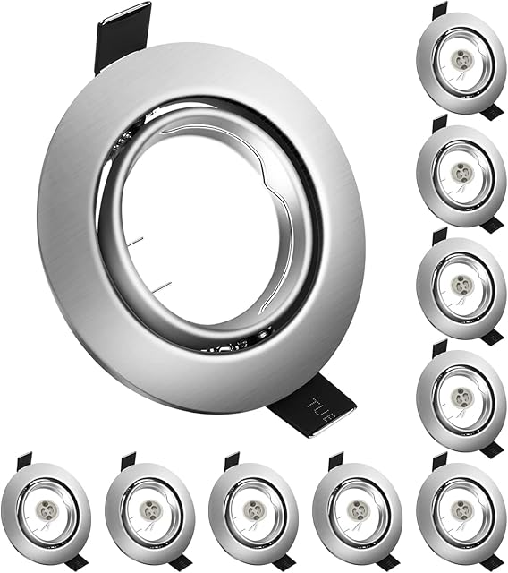 10x Modern GU10 Downlights for Ceiling, Round Brushed Metal Frame for Recessed Ceiling Lights, Tilt Swivel Spotlight - External Dimensions: 90mm, Cut-Out Hole Size:70-80 mm