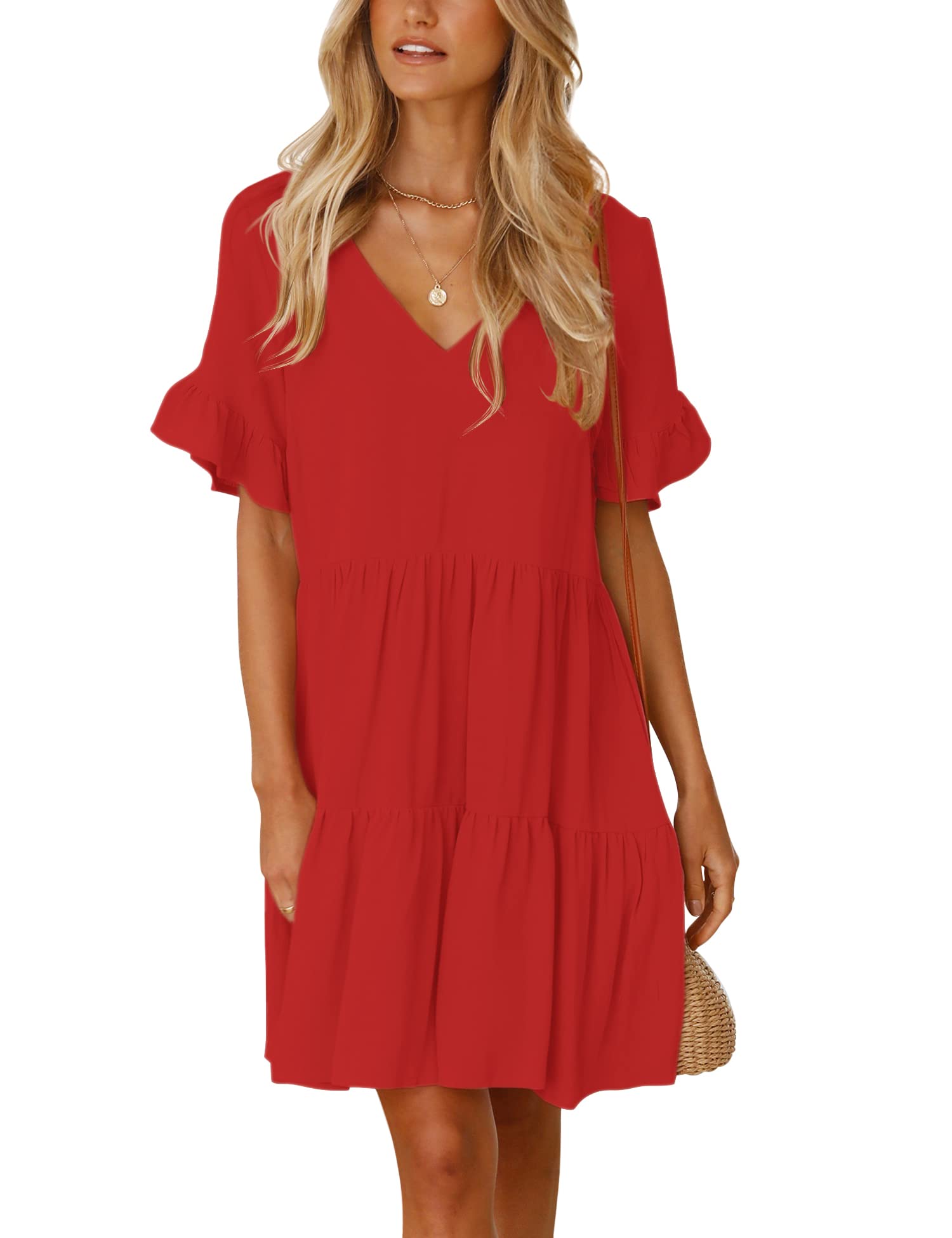 SPRIMEWomen's Solid Summer Casual Dress V Neck Bell Sleeve Flowy Short Dresses Tiered Ruffle Hem Shift Dress with Pocket