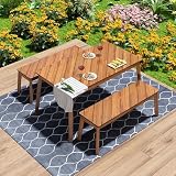 SOFTSEA 3-Piece Outdoor Patio Dining Table Set, Acacia Wood Picnic Table with 2 Benches, Indoor Outdoor Dining Set for Garden, Porch and Poolside, Natural
