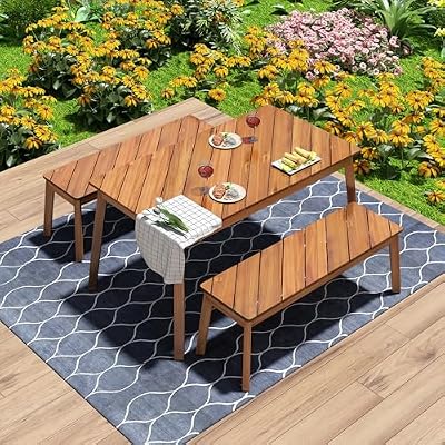 SOFTSEA 3-Piece Outdoor Patio Dining Table Set, Acacia Wood Picnic Table with 2 Benches, Indoor Outdoor Dining Set for Garden, Porch and Poolside, Natural