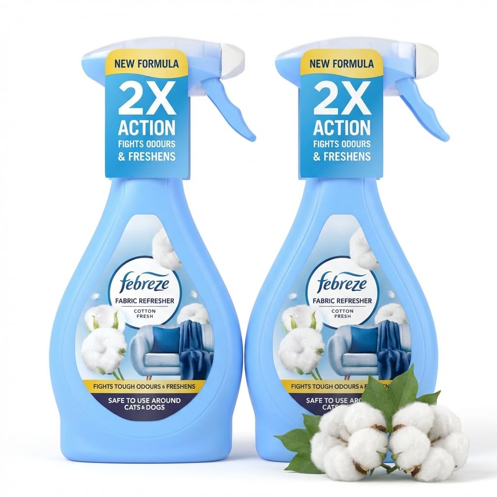 Febreze Cotton Fresh Fabric Freshener Spray - Water-Based Clothes and Furniture Refresher, Antibacterial and Odor-Eliminating for Sofas, Bedding, Carpets, and Linens, Set of 2x500 ml