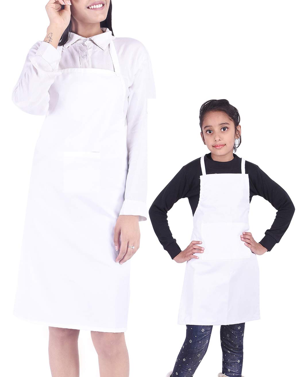 Switchon Polyester Plain Solid Free Size Chef's Cooking White Kitchen Apron Set of 2 for a Women and a Girl-23x30 inch (57x77cm)
